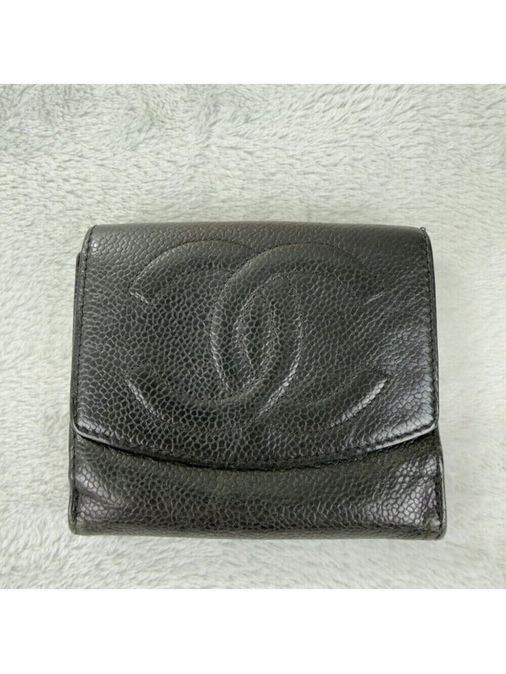 Chanel CC Logo Grained Calfskin Leather Bifold Black Wallet Embroidered - Picture 1 of 14